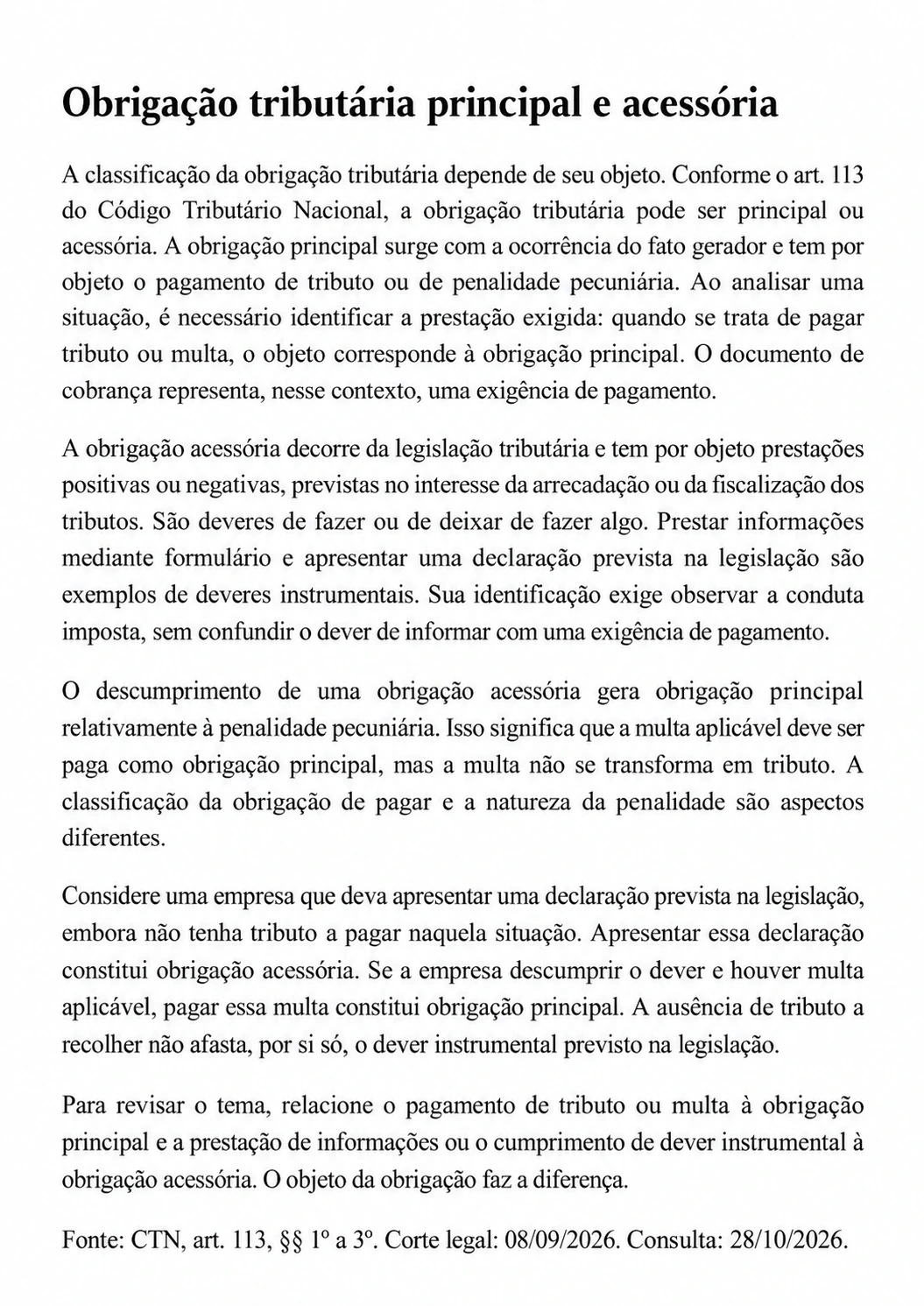 Antes: obrigação tributária principal e acessória em texto corrido